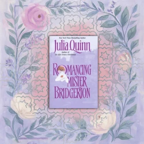 Alt Text Description: The image is a book cover for "Romancing Mister Bridgerton" by Julia Quinn. The cover features a soft lavender background with a decorative floral border in pastel shades of purple, pink, and cream. In the center, the book title "Romancing Mister Bridgerton" is written in elegant, bold purple lettering, and the author's name, Julia Quinn, appears at the top. The design is ornate and romantic, reflecting the historical romance genre. This image supplements a book review. Book Title: Romancing Mister Bridgerton. Author: Julia Quinn.