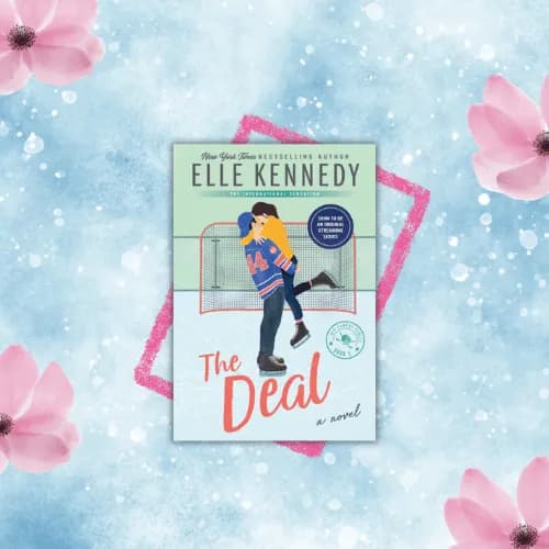 Image supplements a book review of "The Deal" by Elle Kennedy. The cover features an illustration of a couple embracing on an ice hockey rink. The man wears a hockey jersey numbered 44, and the woman is lifted off the ground in a joyful pose. The background shows a frosty ice surface with pink flowers around the edges and a pair of blue ice skates at the bottom left. The cover highlights Elle Kennedy as a New York Times bestselling author and notes that this is the first book in the "Off-Campus Series," soon to be an original streaming series. The design conveys a romantic and sporty theme.