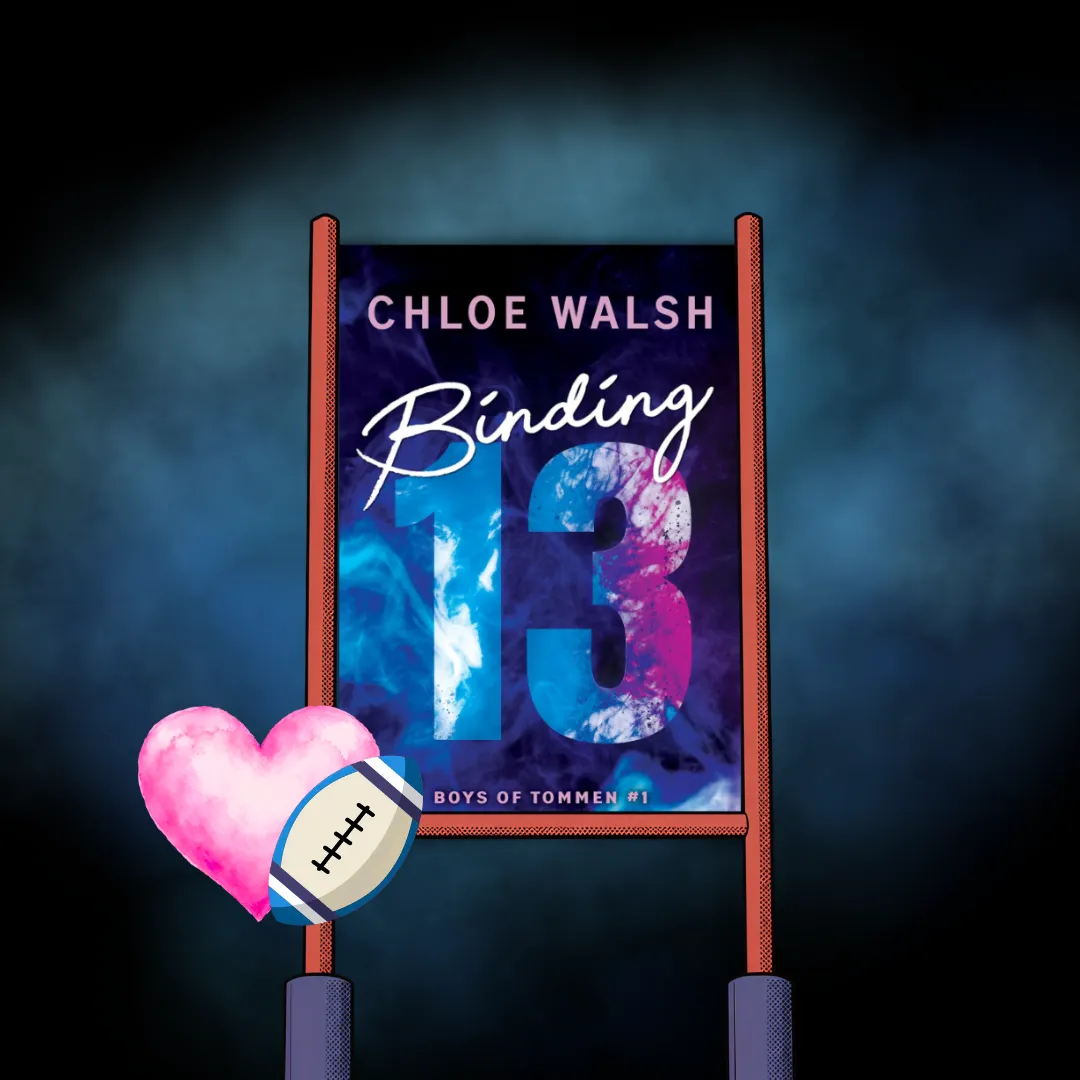 Alt Text Description: The image features the book cover of "Binding 13" by Chloe Walsh, the first book in the "Boys of Tommen" series. The cover shows the author's name "CHLOE WALSH" at the top, the title "Binding 13" in large, bold, artistic lettering, and the subtitle "BOYS OF TOMMEN, 1" at the bottom. The background is a blend of blue and purple hues, with the cover centered on a football (soccer) field under bright stadium lights, suggesting a sports theme. This image supplements a book review. Book Title: Binding 13. Author: Chloe Walsh.