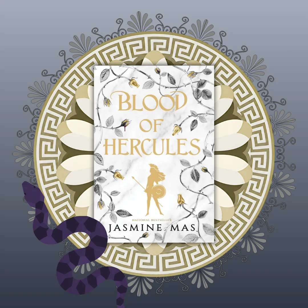 Book cover image for "Blood of Hercules" by Jasmine Mas. The cover features a central framed design with the title in gold lettering. An illustration of a warrior holding a spear and shield is surrounded by delicate black, white, and gold floral and vine motifs. The dark background includes subtle classical elements such as a helmet and columns, evoking a mythological or ancient theme. This image supplements a book review.