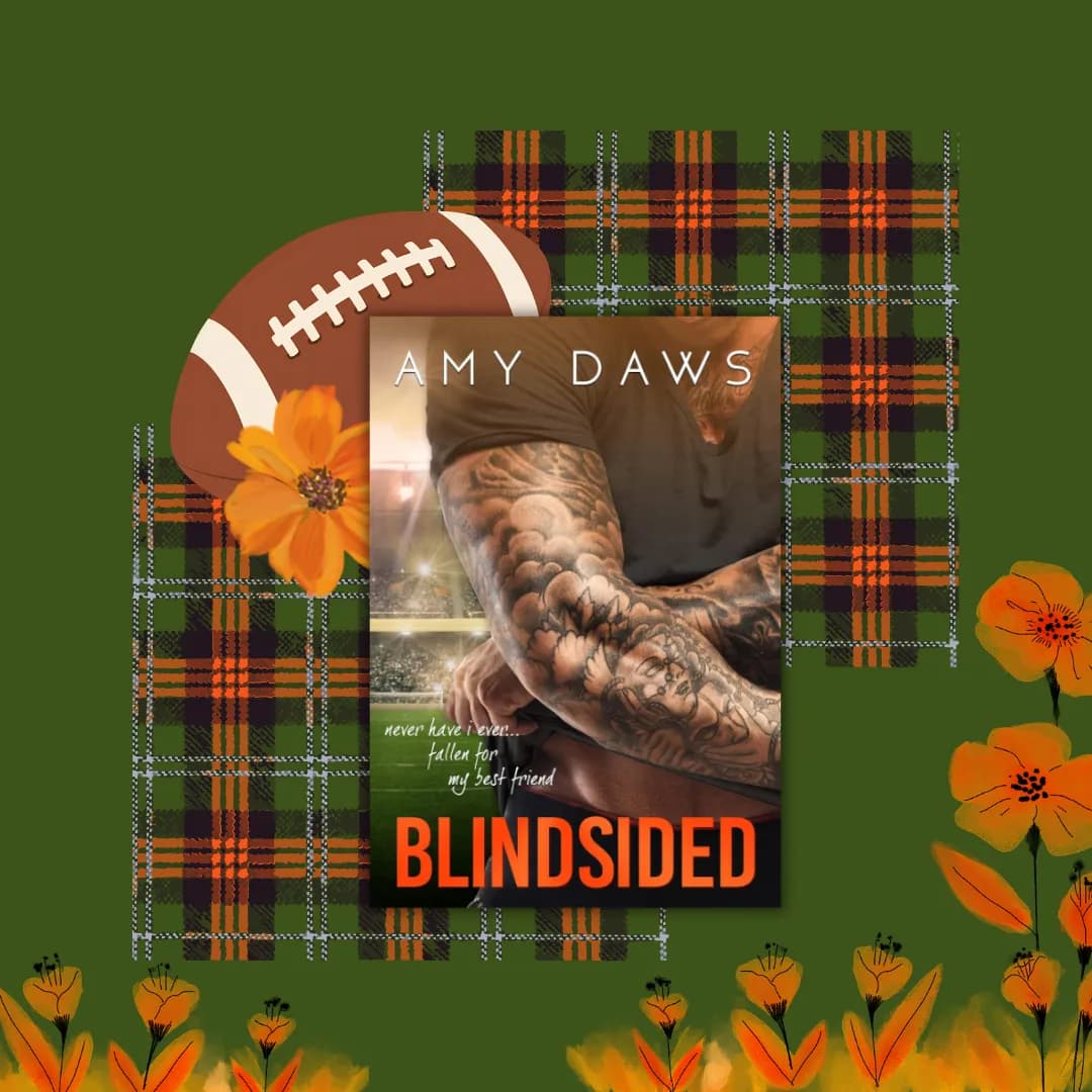 Alt Text Description: The image features the book cover of "Blindsided: A Best Friends to Lovers Standalone" by Amy Daws. The cover shows a close-up of a tattooed man’s arm, with the title "BLINDSIDED" in bold orange letters at the bottom and the author’s name, "AMY DAWS," at the top. The background is a red, black, yellow, and white plaid pattern with a black diamond shape framing the book cover. The image supplements a book review. Book Title: Blindsided. Author: Amy Daws.