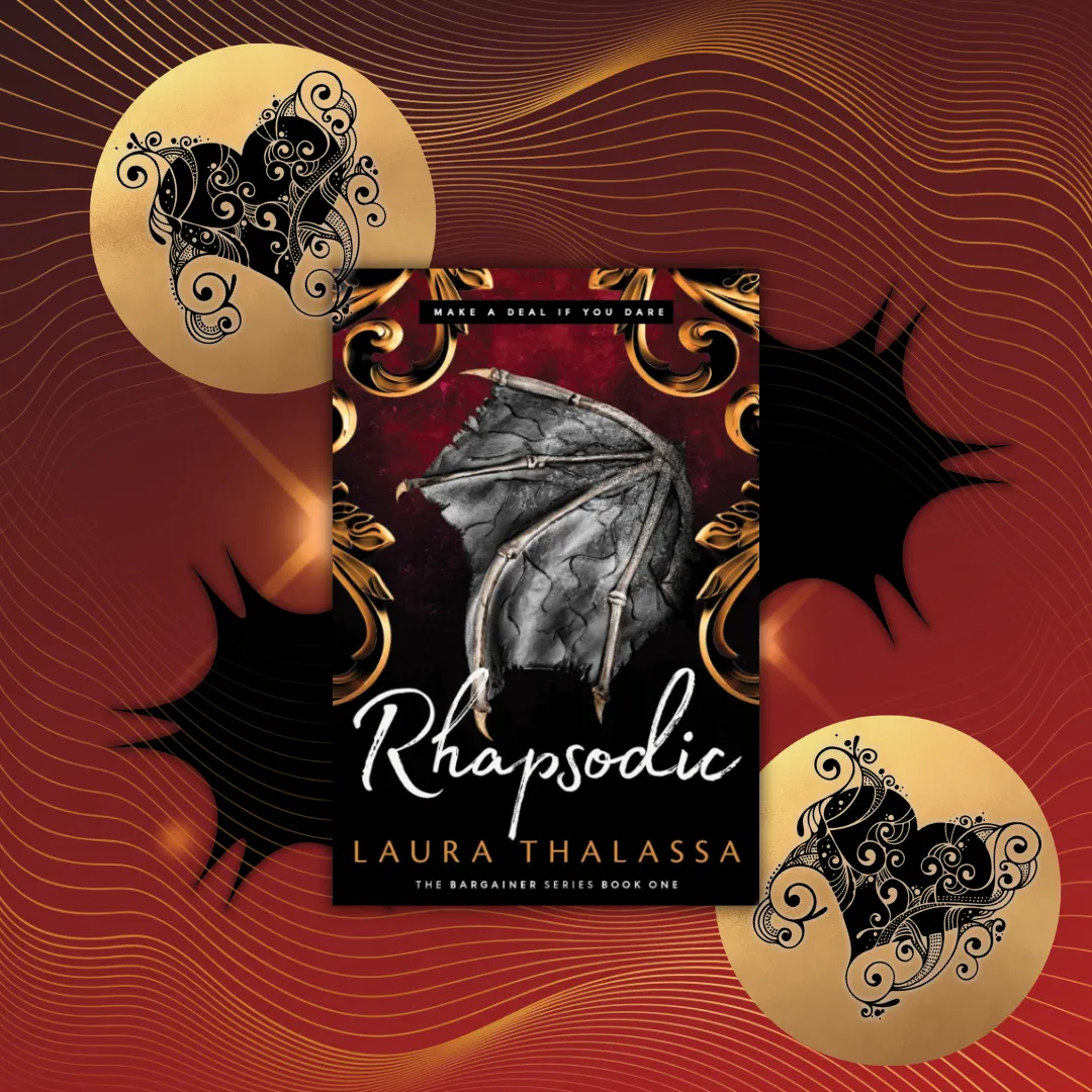 Square image featuring an overlay of the book cover for "Rhapsodic Bestselling Smash-Hit Dark Fantasy Romance!" by Laura Thalassa.