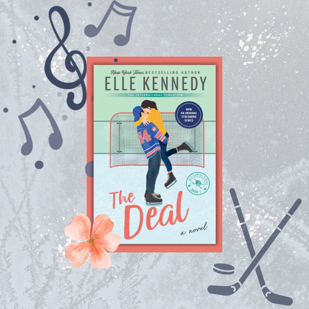 Image supplements a book review of "The Deal" by Elle Kennedy. The cover features an illustration of a couple embracing on an ice hockey rink. The man wears a hockey jersey numbered 44, and the woman is lifted off the ground in a joyful pose. The background shows a frosty ice surface with pink flowers around the edges and a pair of blue ice skates at the bottom left. The cover highlights Elle Kennedy as a New York Times bestselling author and notes that this is the first book in the "Off-Campus Series," soon to be an original streaming series. The design conveys a romantic and sporty theme.