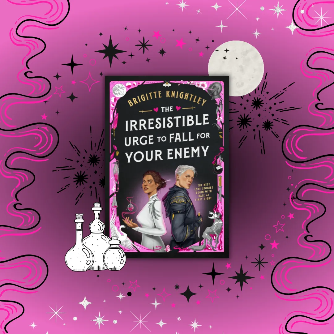 Book cover image for "The Irresistible Urge to Fall for Your Enemy" by Brigitte Knightley. The cover features a woman dressed in white holding a glowing pink heart, standing back to back with a man in dark armor carrying a sword on his back. The background is black with pink and white decorative elements, including a small dog and various symbols. This image supplements a book review.