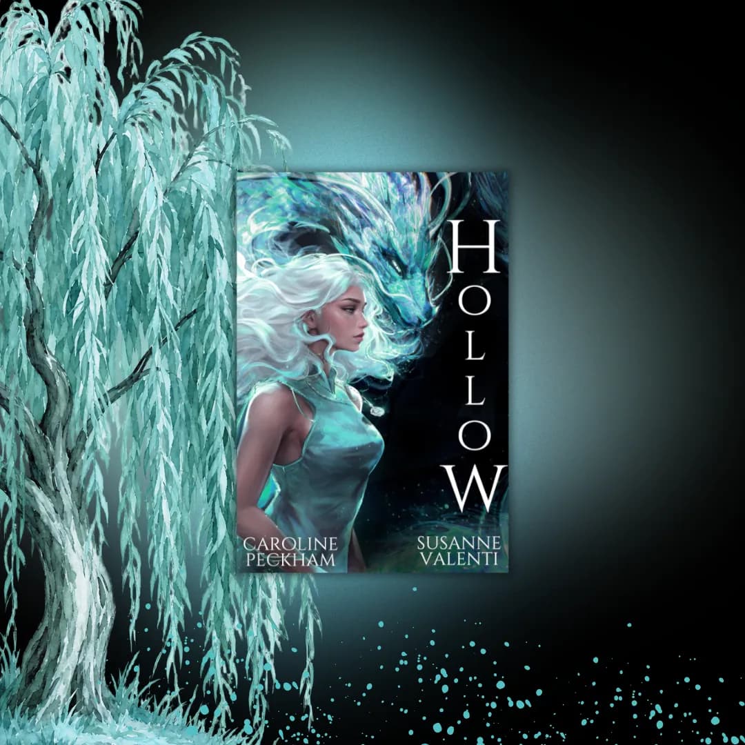 Book cover image for "Hollow" by Caroline Peckham and Susanne Valenti. The artwork depicts a mystical scene with a woman with flowing white hair standing before a large, ghostly dragon-like figure. The dark, forested background features twisted tree roots and branches, creating a mysterious and magical atmosphere. This image supplements a book review by visually representing the fantasy and supernatural themes of the book.