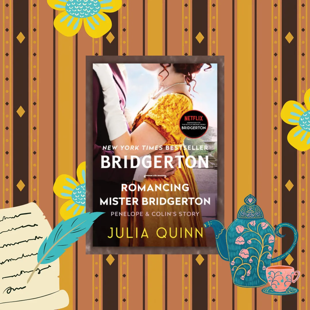 Alt Text Description: The image is a book cover for "Romancing Mister Bridgerton" by Julia Quinn. The cover features a soft lavender background with a decorative floral border in pastel shades of purple, pink, and cream. In the center, the book title "Romancing Mister Bridgerton" is written in elegant, bold purple lettering, and the author's name, Julia Quinn, appears at the top. The design is ornate and romantic, reflecting the historical romance genre. This image supplements a book review. Book Title: Romancing Mister Bridgerton. Author: Julia Quinn.