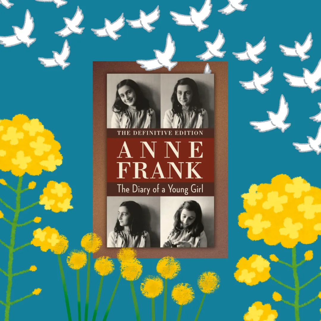Square image with an overlay of the book cover for The Diary of a Young Girl by Anne Frank.