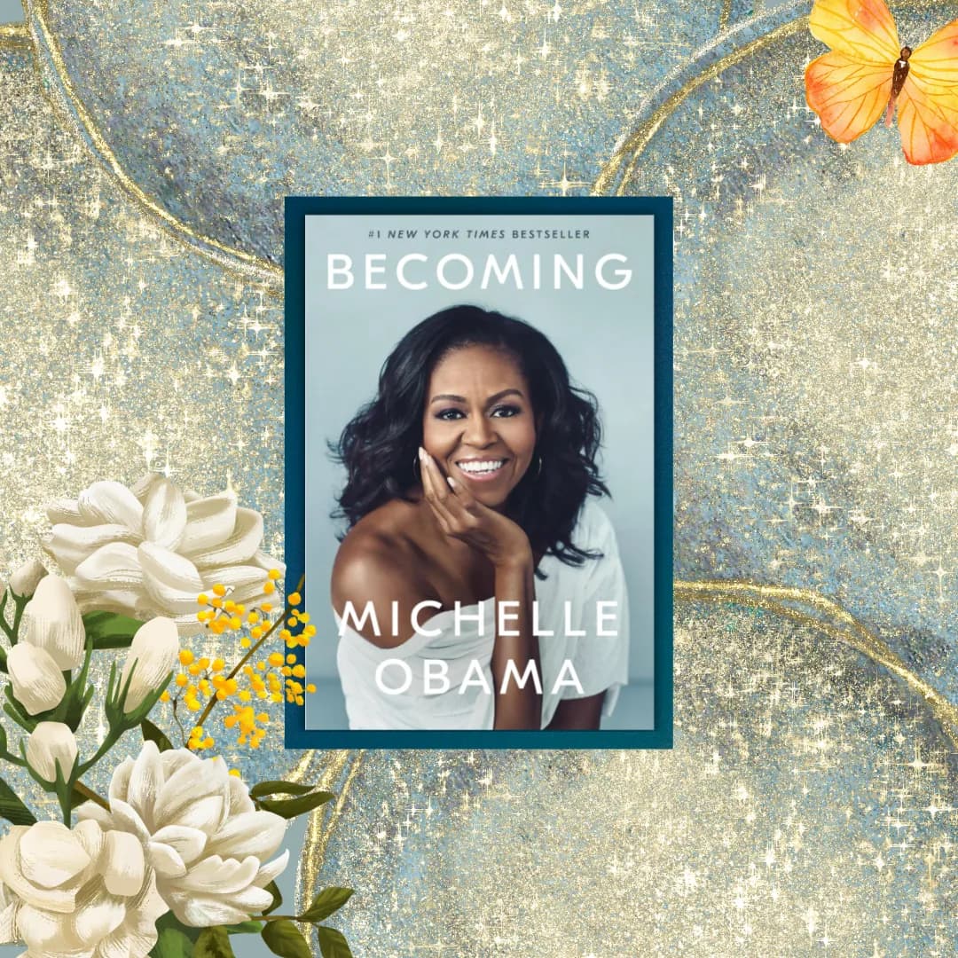 Square image with an overlay of the book cover for "Becoming" by Michelle Obama.
