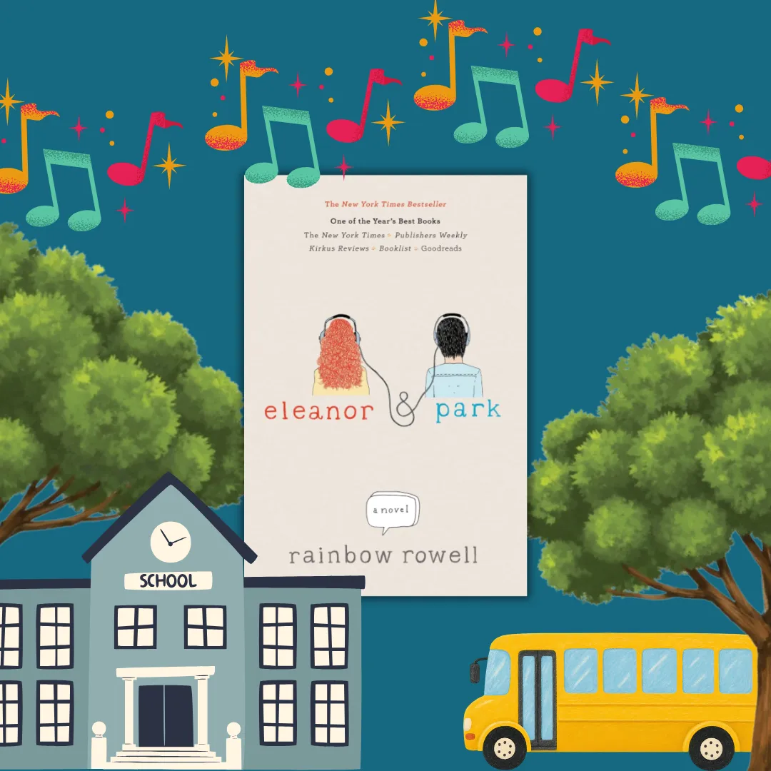 Alt Text Description: The image shows the cover of the book "Eleanor & Park" by Rainbow Rowell. The cover features minimalist illustrations of two characters, one with red curly hair (Eleanor) and one with short dark hair (Park), sitting side by side and sharing a pair of headphones. The background is a plain cream color, and the title "eleanor & park" is written in lowercase letters, with "eleanor" in orange and "park" in blue. The author's name, "rainbow rowell," appears at the bottom in lowercase letters. The book cover is centered on a decorative black background with ornate corner designs. This image supplements a book review. Book Title: Eleanor & Park. Author: Rainbow Rowell.
