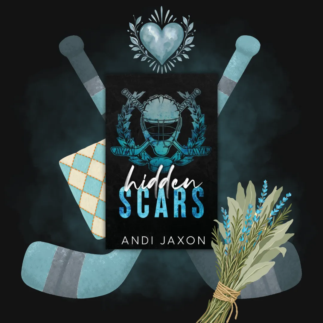 Image supplements a book review of "Hidden Scars" by Andi Jaxon. The cover features a stylized blue hockey mask with crossed hockey sticks behind it, framed by a laurel wreath on a black background. The title "hidden SCARS" appears in white and blue text, with the author's name "ANDI JAXON" below. The background resembles an ice rink surface with delicate line drawings of a heart, a dove holding an olive branch, a butterfly, and a pair of ice skates, adding symbolic and artistic elements.