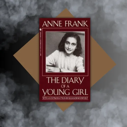 Square image with an overlay of the book cover for The Diary of a Young Girl by Anne Frank.