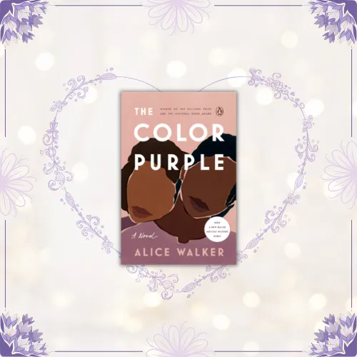 Square image with an overlay of the book cover for The Color Purple by Alice Walker.
