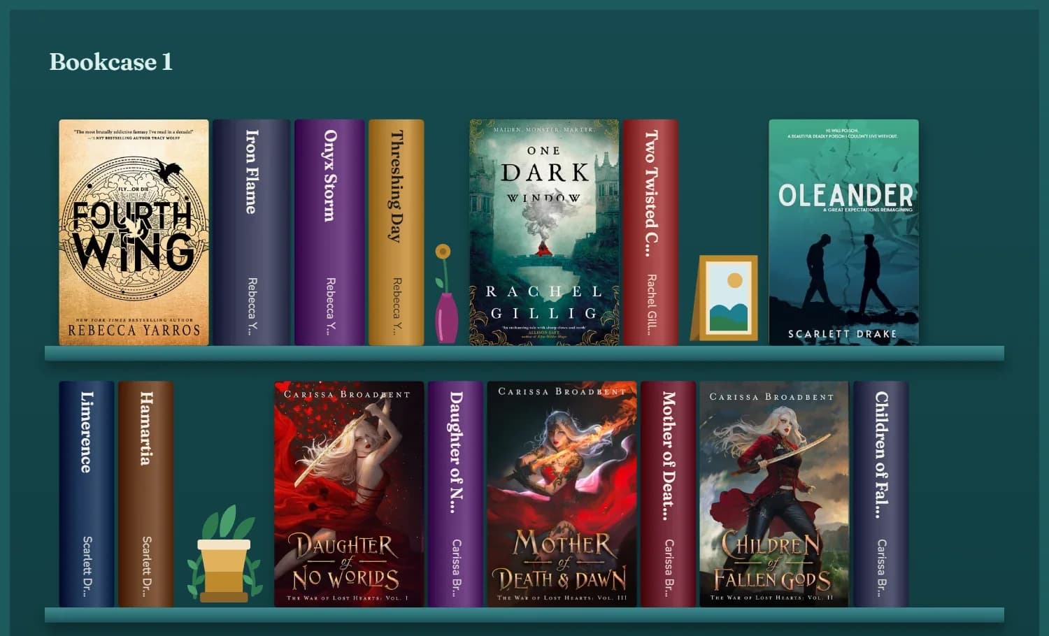 The Bookcase. Two shelves of Heather's books as the app draws them, Fourth Wing, One Dark Window, Oleander and The War of Lost Hearts, with a plant and a picture frame between them.
