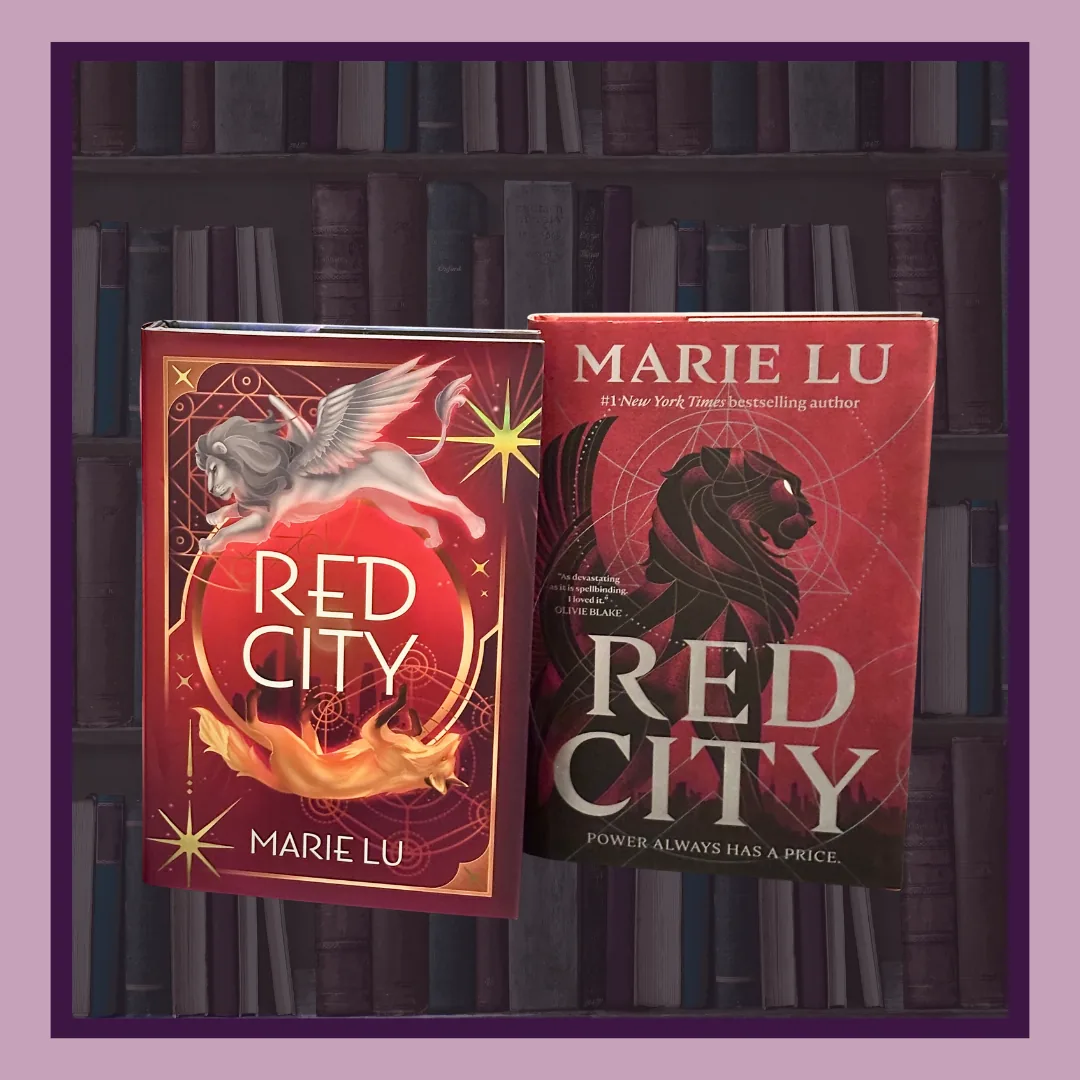 Red City by Marie Lu, two editions. A red hardcover with a winged lion and a fox, and a red hardcover with a black lion.