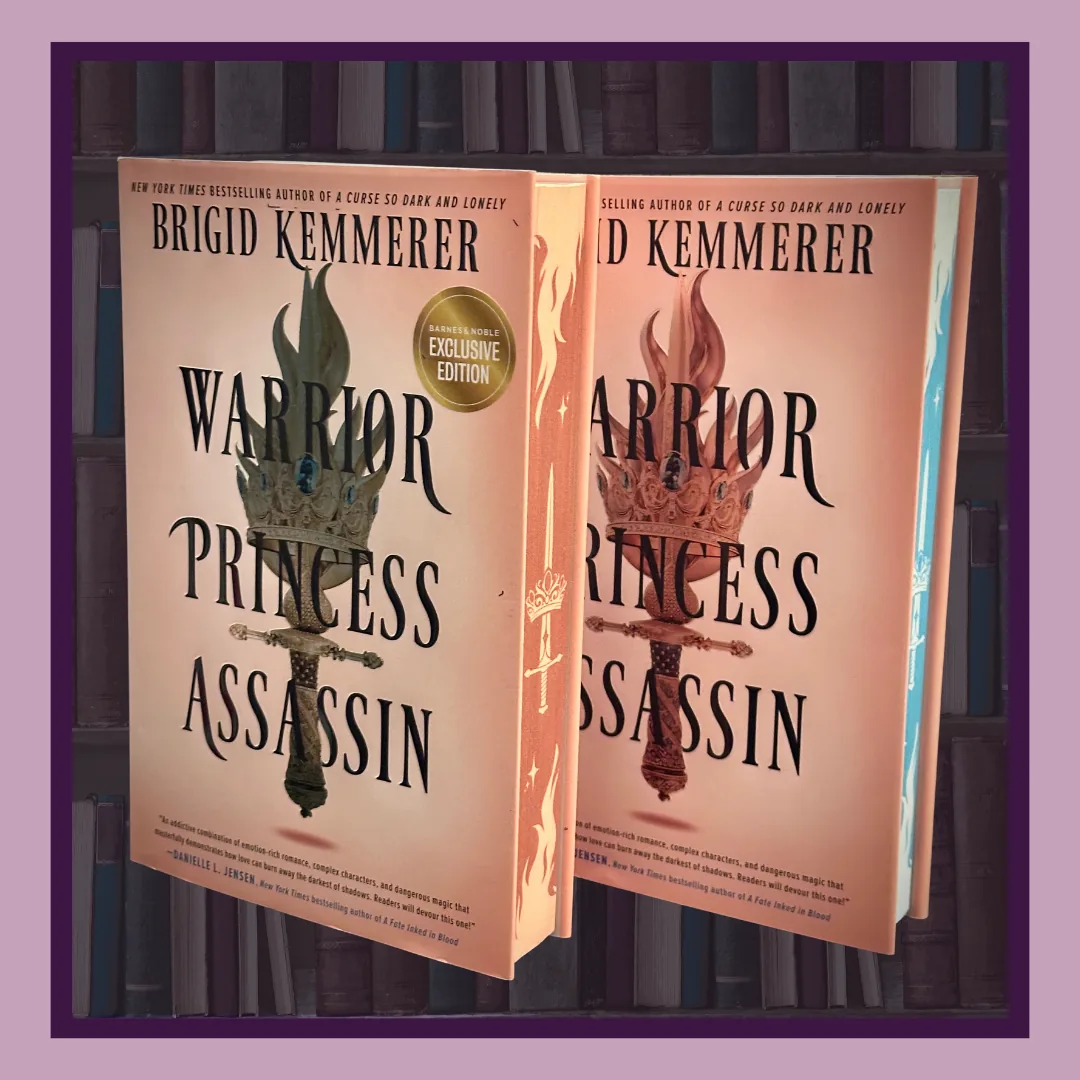Warrior Princess Assassin by Brigid Kemmerer, two editions. Two peach hardcovers, one the Barnes & Noble exclusive with orange sprayed edges, the other with blue sprayed edges.