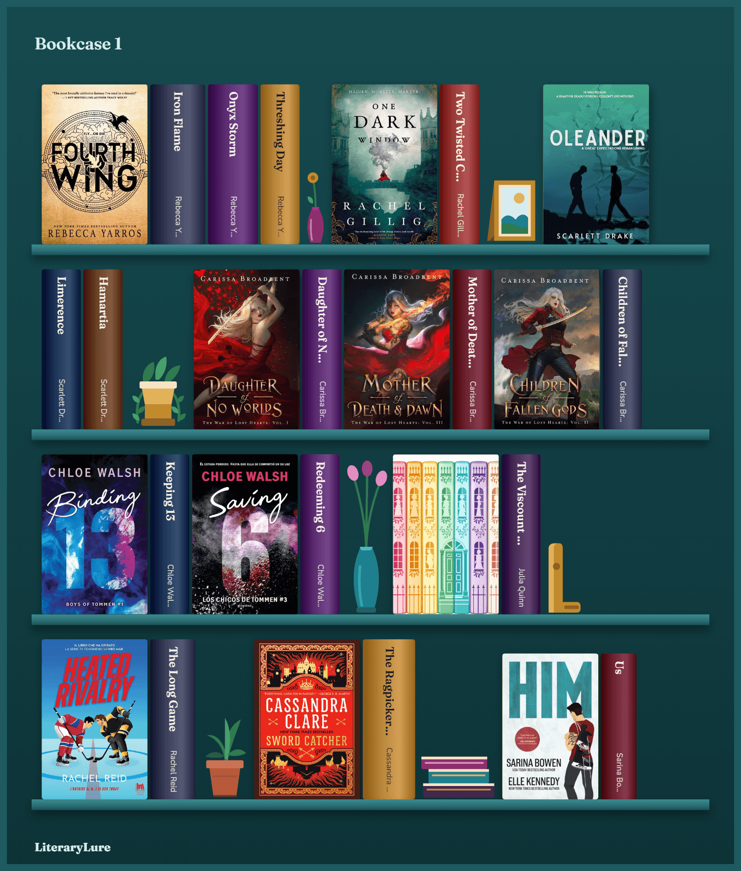 A teal bookcase of four shelves, with Fourth Wing, One Dark Window, Oleander, Daughter of No Worlds and Mother of Death & Dawn facing out.